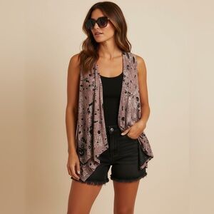 Red Coral Open Front Vest Duster Abstract Print‎ Sleeveless L/XL